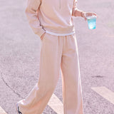Casual Half Stand Collar Sweatshirt & Drawstring High Waist Wide Leg Pants Set