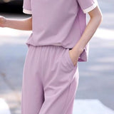 Casual color-block short-sleeve long pants two-piece set. - liwisi