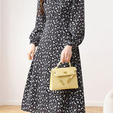 Exquisite Elegant Floral Waist-Cinched Long-Sleeve Dress