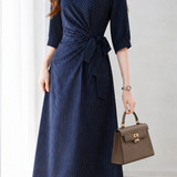 Elegant Gathered Diagonal Stripe Dress With Tie Waist