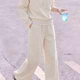 Casual Half Stand Collar Sweatshirt & Drawstring High Waist Wide Leg Pants Set