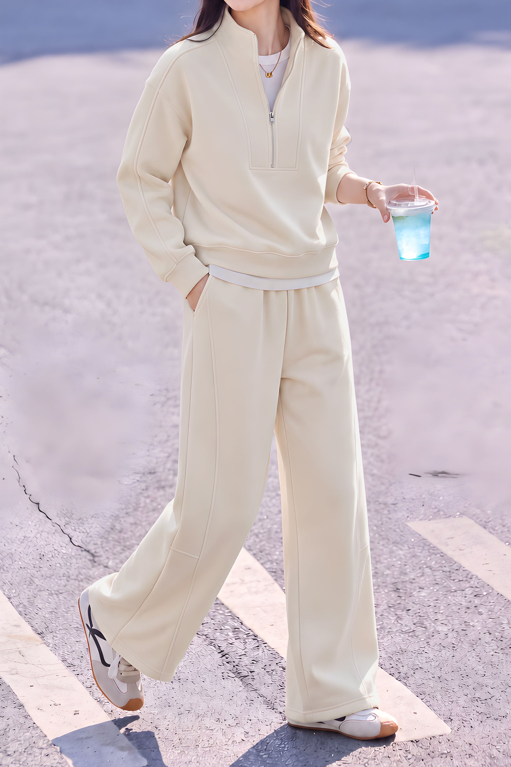 Casual Half Stand Collar Sweatshirt & Drawstring High Waist Wide Leg Pants Set