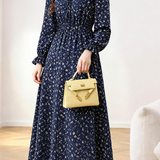 Exquisite Elegant Floral Waist-Cinched Long-Sleeve Dress