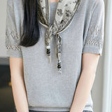 Casual Round Neck Scarf Decor Short Sleeve Knit Sweater