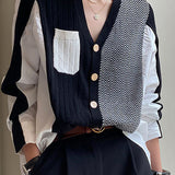 Casual Contrast-Color V-Neck Patchwork Knit Cardigan