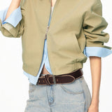 Casual Solid Color Zip‑Up Fake‑Two‑Piece Stripe Jacket