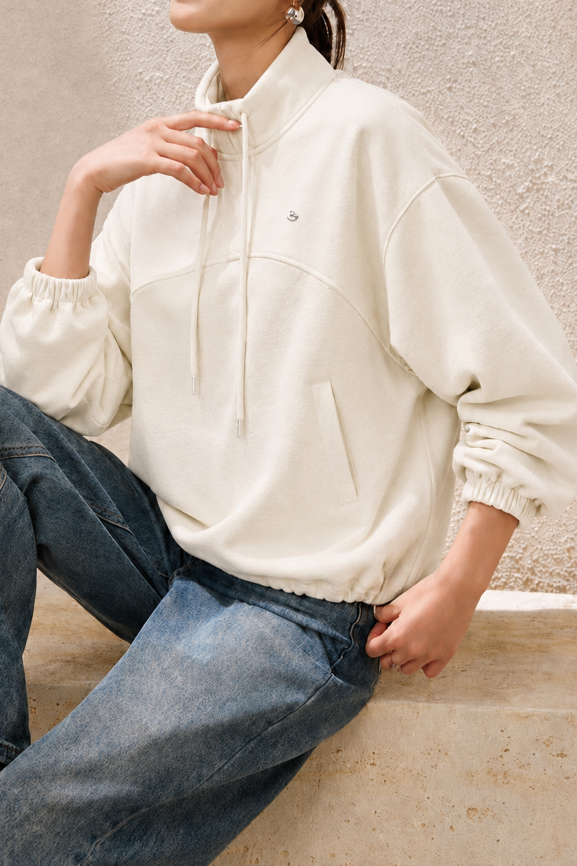 Casual Half-Placket Hoodie With Drawstring Decorative Buttons