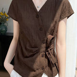 Elegant Commuter Asymmetric Button Tie Waist Blouse