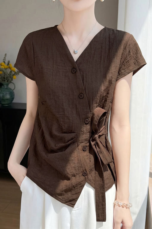 Elegant Commuter Asymmetric Button Tie Waist Blouse