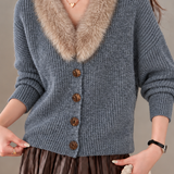 Casual Lazy Knit Cardigan With Fur Collar And V Neck
