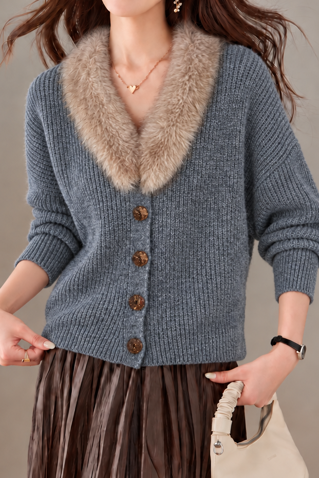 Casual Lazy Knit Cardigan With Fur Collar And V Neck