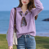 Elegant Polo Collar Printed Scarf Sash Knit Sweater