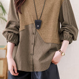Casual Crew Neck Plaid Spliced Puff Sleeve Shirt