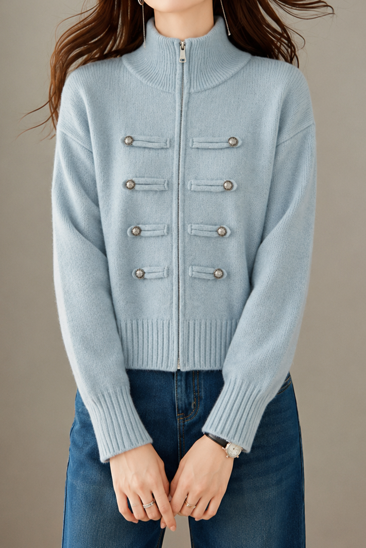 Casual Commuter Half‑High Lapel Zipper Placket Knit Cardigan