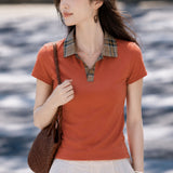 Casual Plaid Spliced Lapel Cotton T-Shirt