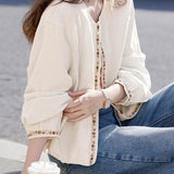 Elegant Commuter Crew Neck Zip Long-Sleeve Coat With Beaded Details