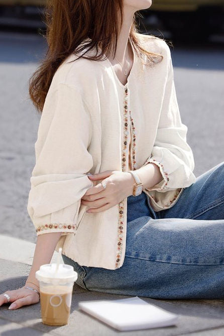 Elegant Commuter Crew Neck Zip Long-Sleeve Coat With Beaded Details