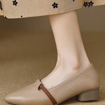 Casual Block Heel Soft Leather Pointed Toe Low Heel Shoes - liwisi