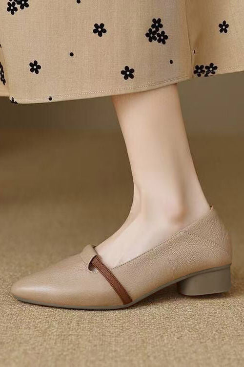 Casual Block Heel Soft Leather Pointed Toe Low Heel Shoes - liwisi