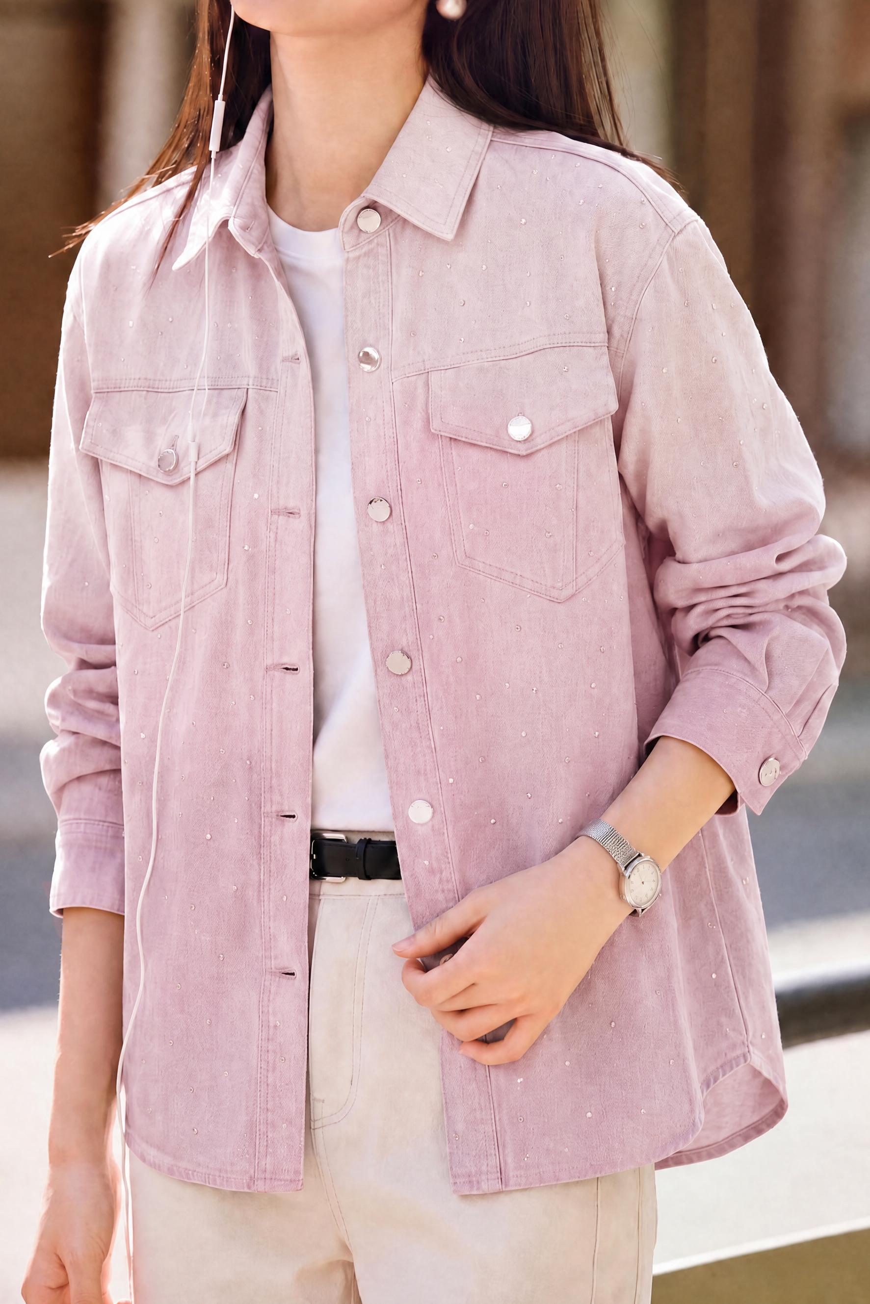 Casual Lapel Gradient Hot‑Fix Rhinestone Long‑Sleeve Denim Shirt Jacket