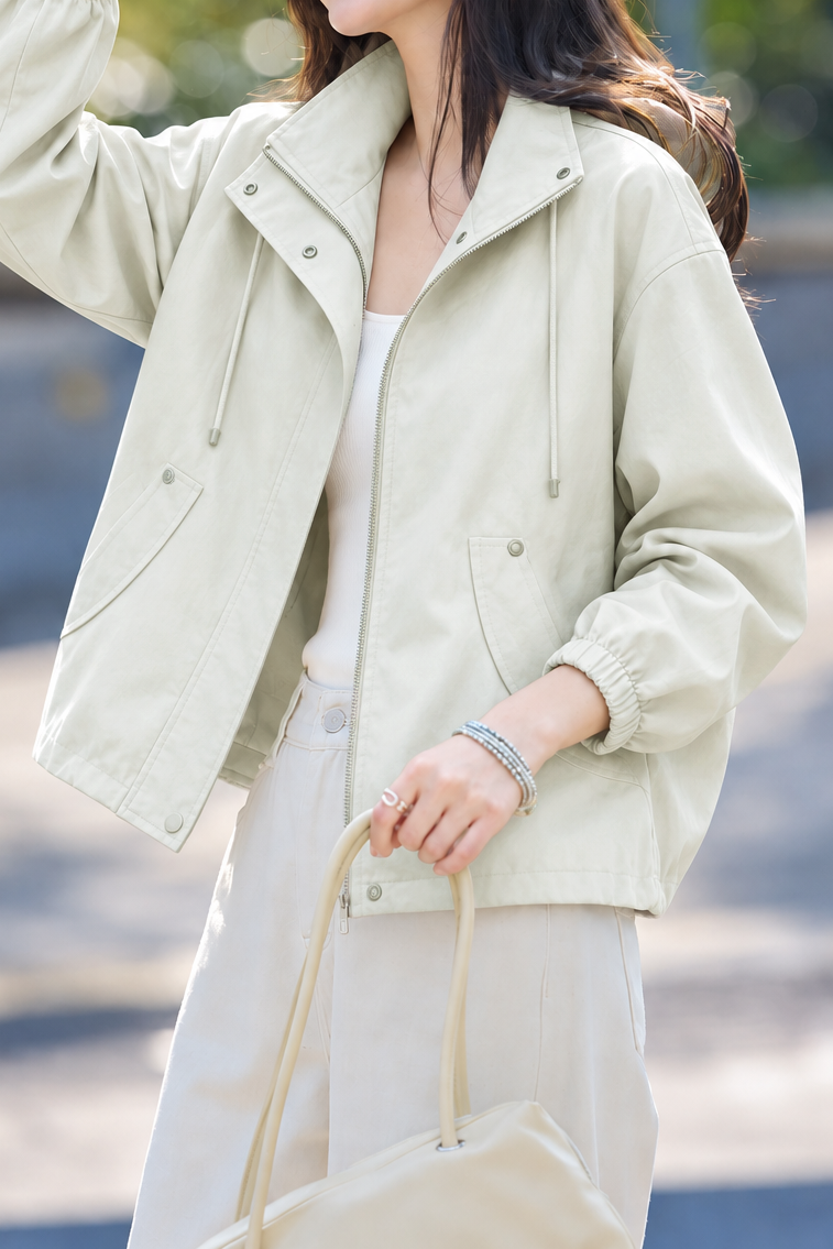 Casual Solid Stand Collar Drawstring Jacket