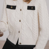 Elegant Temperament Color-Block Short Long-Sleeve Knitted Cardigan