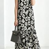 Delicate Elegant Black-and-white Big Floral V-neck Ruffle Dress