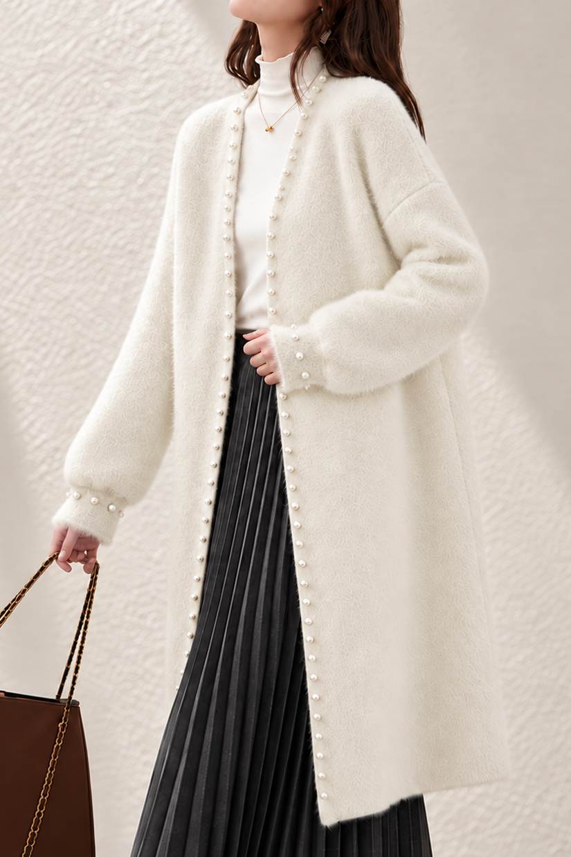 Elegant Graceful V‑Neck Pearl Button Long Sleeve Knit Cardigan - liwisi