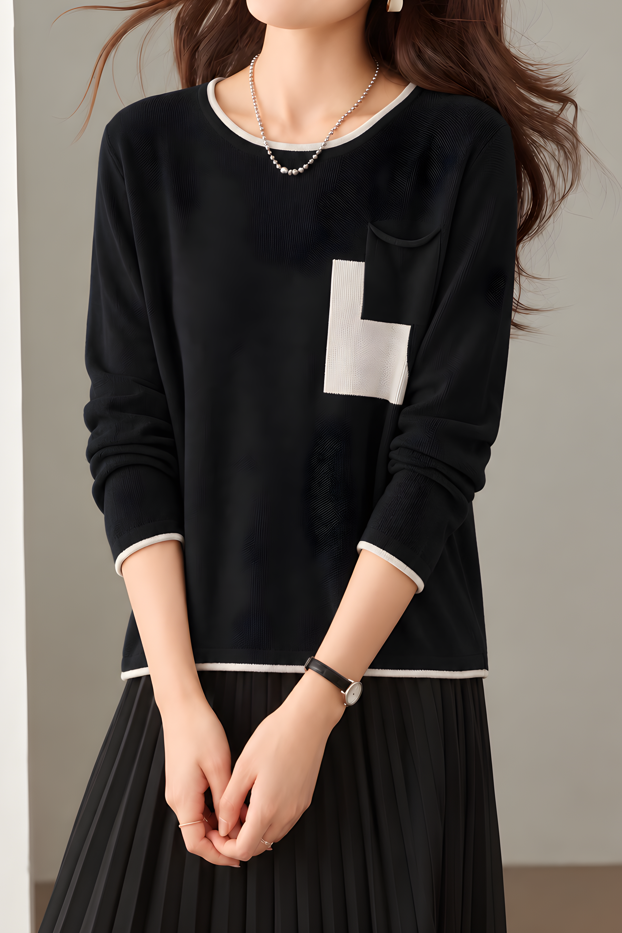 Casual Color Contrast Bound Geometric Patch Pocket Knit Sweater