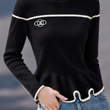 Exquisite Elegant Color Block Round Neck Ruffle Long Sleeve Knit Sweater
