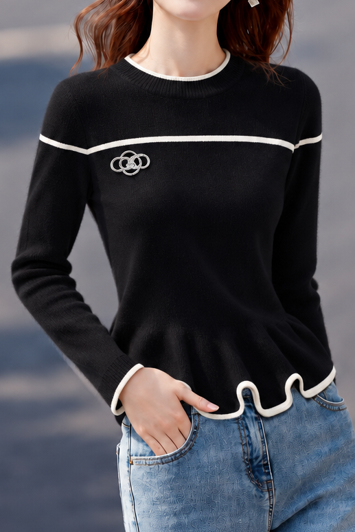 Exquisite Elegant Color Block Round Neck Ruffle Long Sleeve Knit Sweater