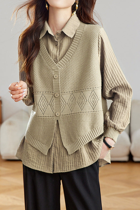 Casual Fake Two-Piece Vest Spliced Shirt - liwisi