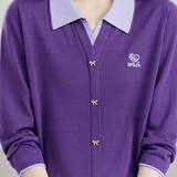 Color‑Blocked Polo Collar Bow Button Faux Two‑Piece Knit Cardigan