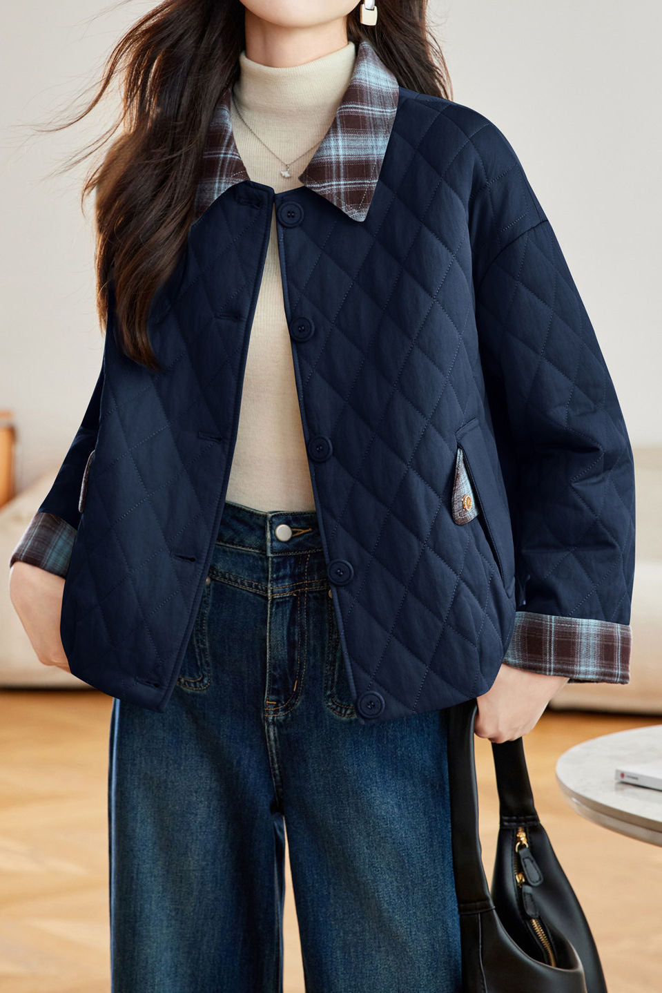 Casual Plaid Spliced Diamond‑Quilted Jacket