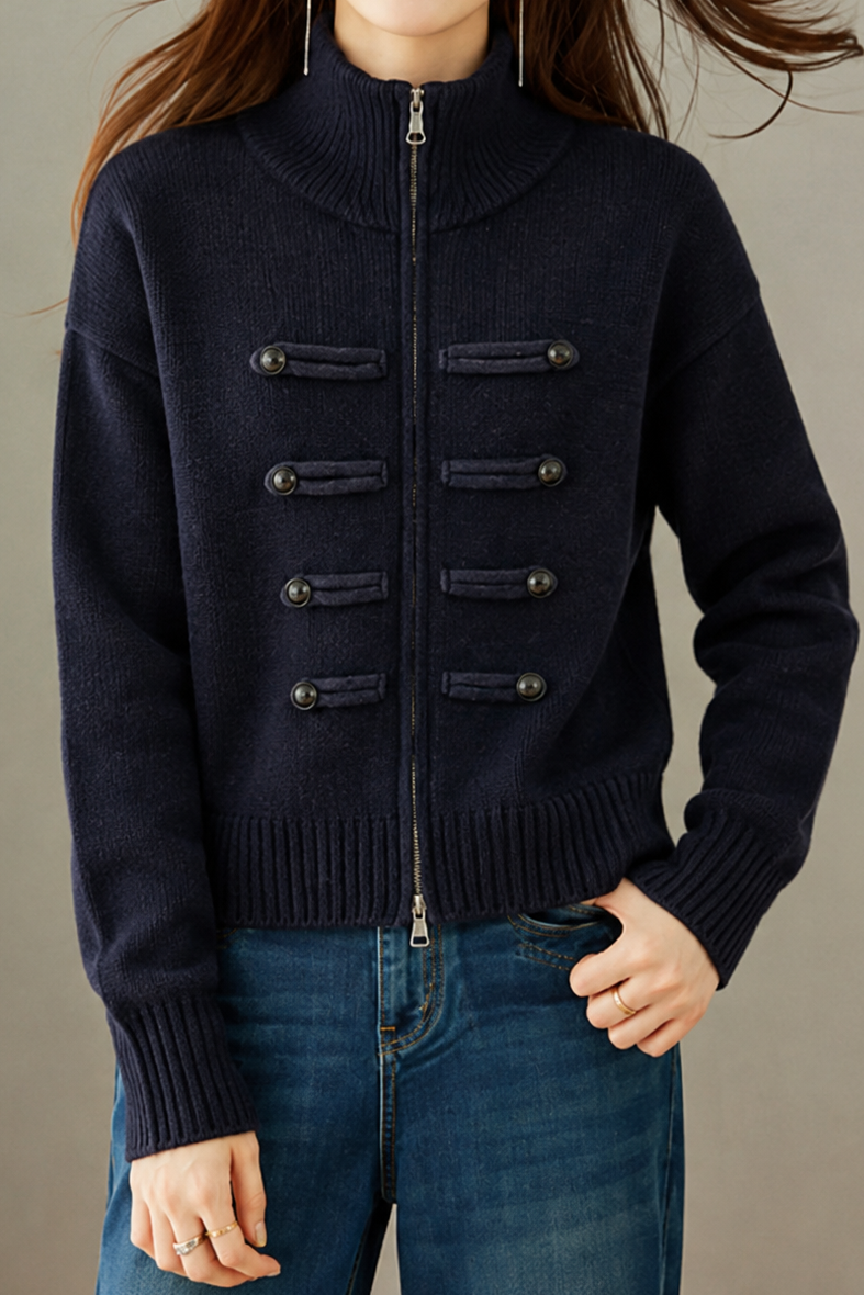 Casual Commuter Half‑High Lapel Zipper Placket Knit Cardigan