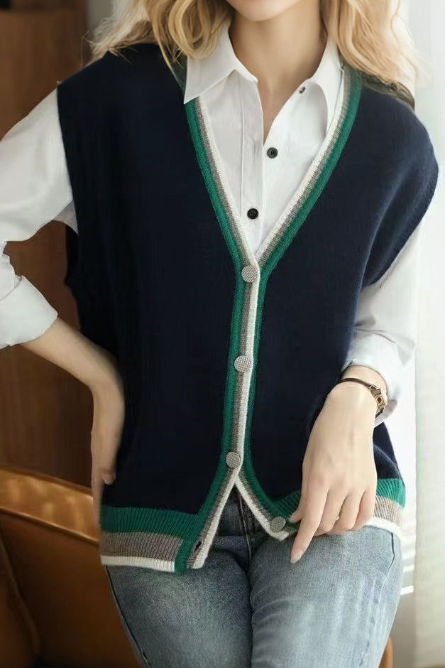 Casual Versatile Sleeveless Color-Block Knitted Cardigan Vest - liwisi