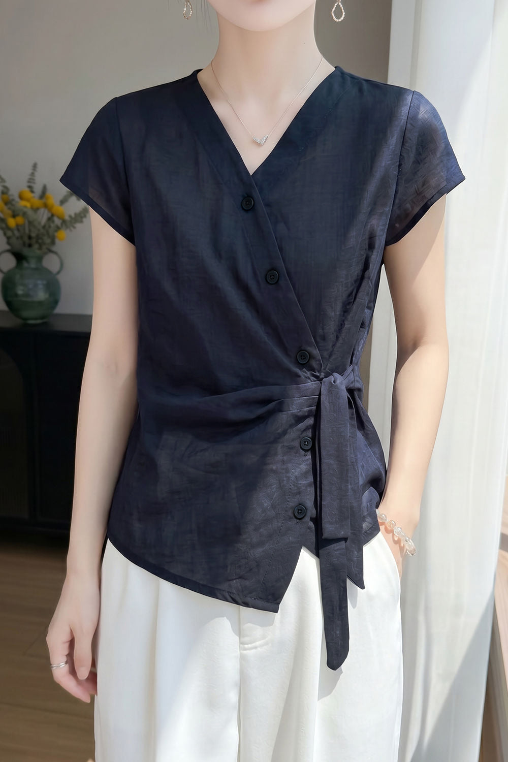 Elegant Commuter Asymmetric Button Tie Waist Blouse