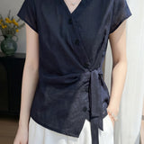 Elegant Commuter Asymmetric Button Tie Waist Blouse