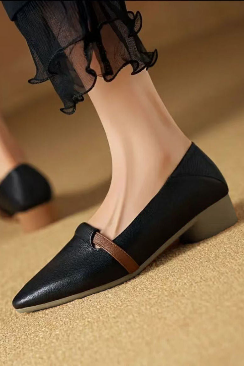 Casual Block Heel Soft Leather Pointed Toe Low Heel Shoes