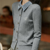 Casual Color-Block Plaid Lapel Cable-Knit Cardigan