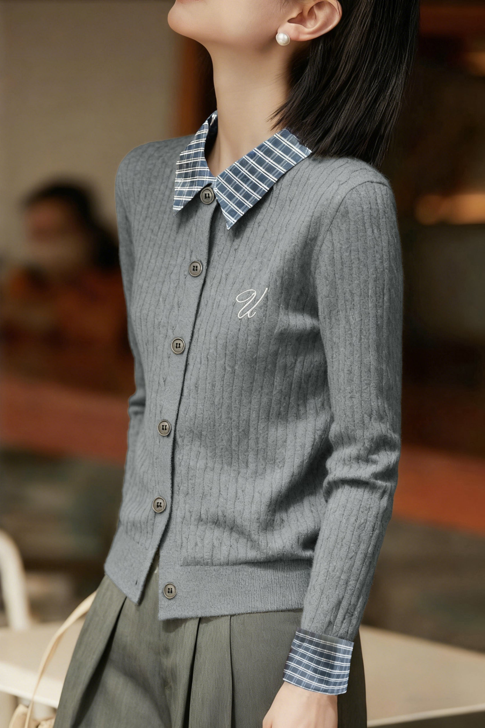 Casual Color-Block Plaid Lapel Cable-Knit Cardigan