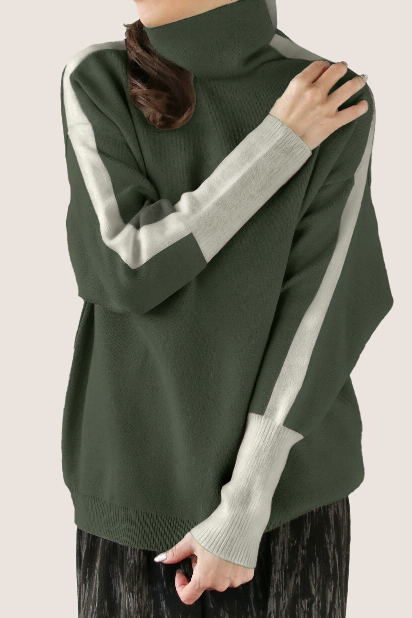 Casual Minimalist Pullover High-Neck Color-Block Sweater - liwisi