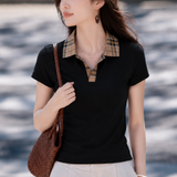 Casual Plaid Spliced Lapel Cotton T-Shirt