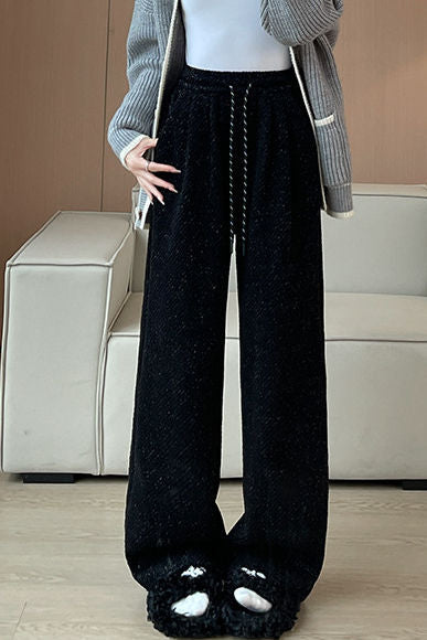 Lazy Relaxed Diagonal Striped Fleece-Lined Wide-Leg Pants - liwisi
