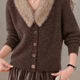 Casual Lazy Knit Cardigan With Fur Collar And V Neck