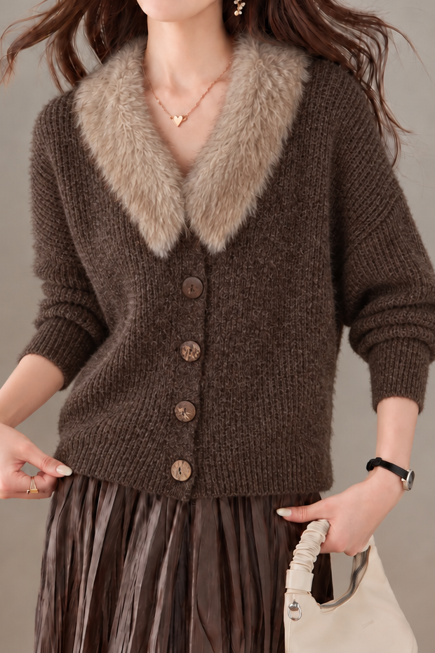 Casual Lazy Knit Cardigan With Fur Collar And V Neck
