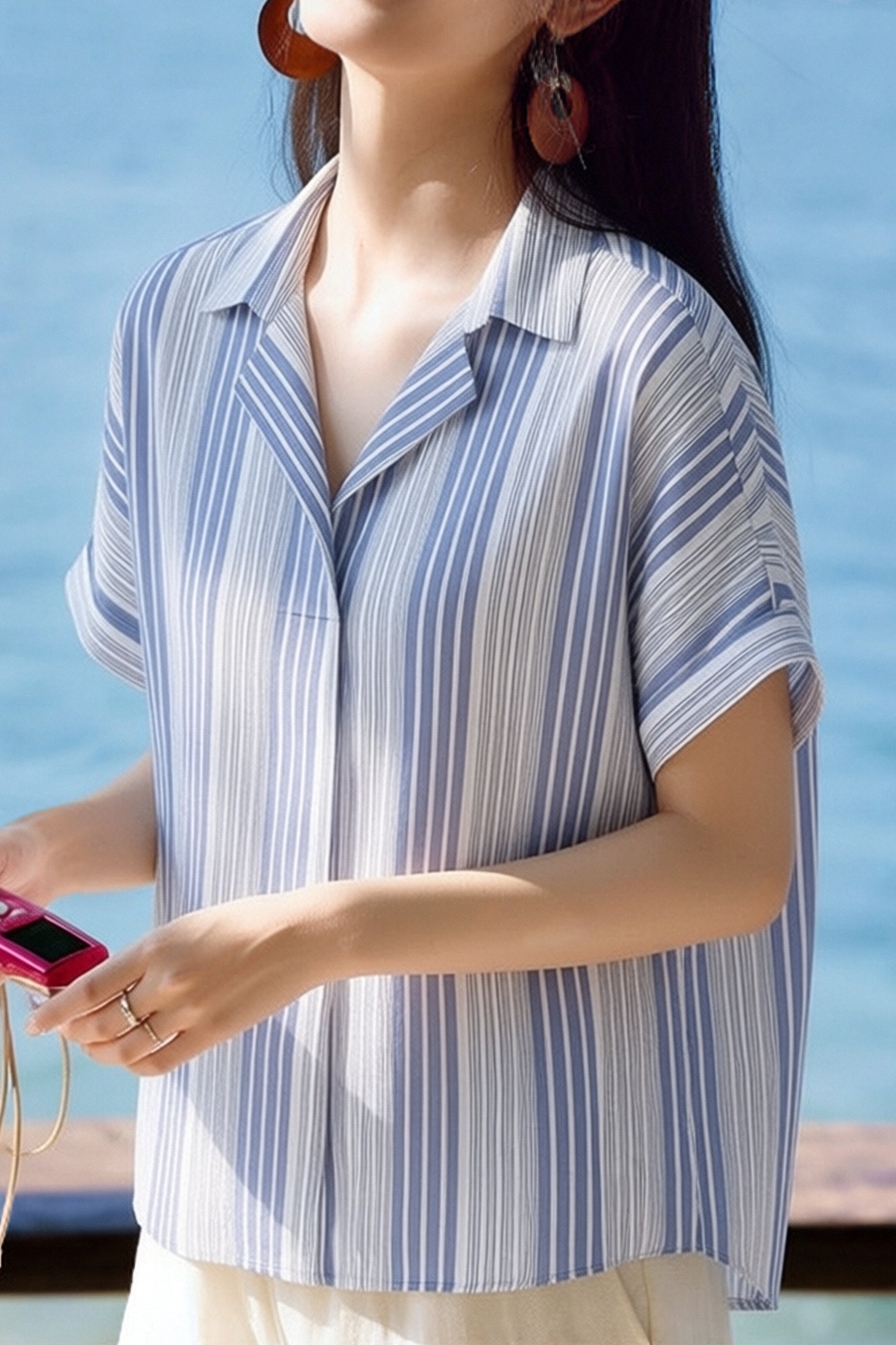 Casual Half Placket V-Neck Short Sleeve Shirt - liwisi