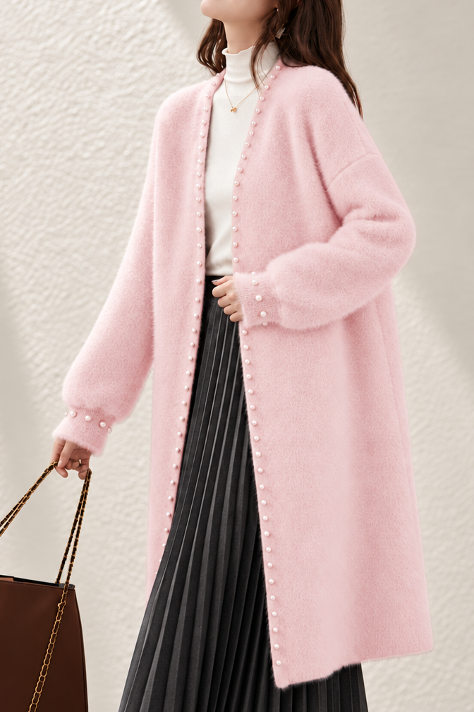 Elegant Graceful V‑Neck Pearl Button Long Sleeve Knit Cardigan - liwisi
