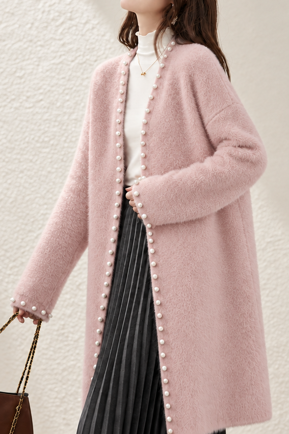 Elegant Graceful V‑Neck Pearl Button Long Sleeve Knit Cardigan