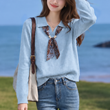 Elegant Polo Collar Printed Scarf Sash Knit Sweater